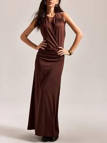 Easelle Vintage Brown Knitted Dress With Neck Tie For Women  Fall Clothes For Women Long And Slim Fit  Elegant Dresses For Party - Coffee Brown - View 9
