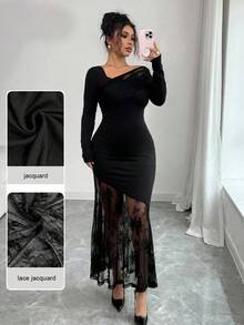 Modelyn Plus Size Asymmetrical Textured Lace Elegant Black Dress - Black - View 1