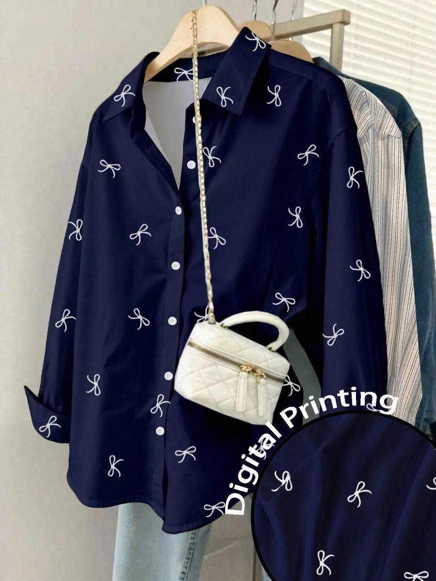 SHEIN Áo sơ mi dài tay cài nút in nơ thoải mái, rộng rãi, dễ mặc hàng ngày dành cho nữ - Nhiều màu - Xem 1