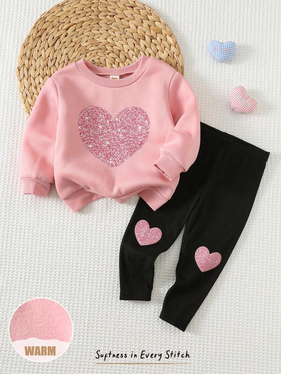 Cozy Pixies Conjunto de Moletom com Decote Ombro a Ombro e Estampa de Coração e Legging com Cintura Elástica Estampada para Menina, Adequado para o Dia dos Namorados - Rosa chiclete - Visão 1
