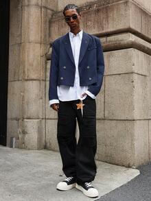 Manfinity EMRG Men Blazer With Double-Breasted Metal Rivet Design, And Versatile, Great Gift For Boyfriend Or Husband Navy Blue Double Breasted Suit Wedding Blazer - Navy Blue - View 6