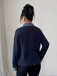 Elenzga 女式休闲宽松高领长袖毛衣，秋冬 - 藏蓝色 - 查看 2