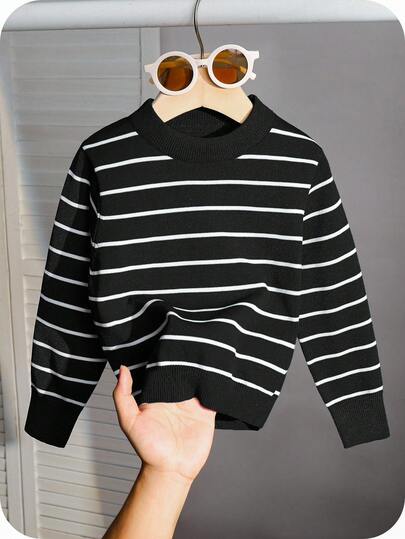 1 Pieza Suéter de cuello redondo cómodo, grueso y cálido con rayas para niños pequeños, ropa casual universitaria de moda práctica y sencilla, adecuada para la escuela, los viajes, los deportes y el otoño y el invierno