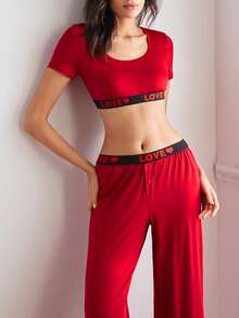 EasyFave 2pcs Women Lightweight Sports Vest And Shorts Set, Young & Fashionable, Waffle Fabric, Love Heart Design, Comfortable Casual Loungewear