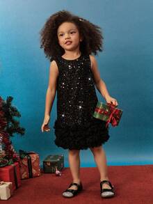 Maija Kids Váy thiết kế xếp tầng cổ điển thu/đông cho bé gái, thời trang đa năng, phù hợp cho cả tiệc tùng và mặc hàng ngày. Cổ tròn, không tay, nhiều lớp vải tuyn phủ ngoài. Hoàn hảo cho lễ Giáng sinh. - màu đen - Xem 5