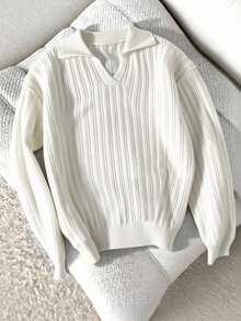Manfinity Homme Men's Solid Color Polo Collar Casual Versatile Long Sleeve Pullover Sweater Fall Winter - White - View 2