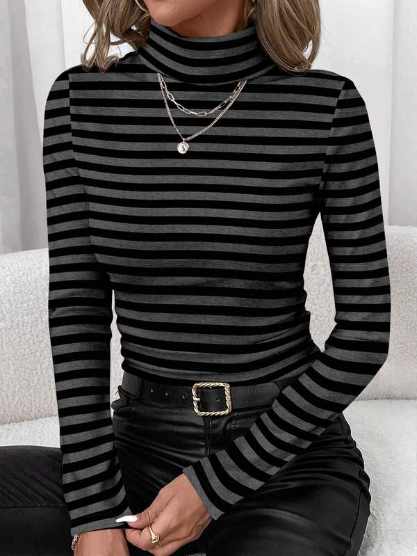 SHEIN Clasi Women's Casual Minimalist Black & Grey Striped Asymmetrical Print Pattern Turtleneck Undershirt, Suitable For Autumn/Winter