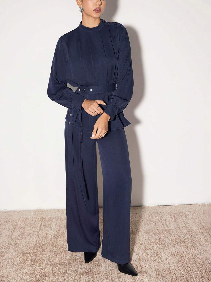 Modelyn 女式纯色褶皱长袖上衣配腰带和裤子,阿拉伯风格套装 - 藍色 - 查看 1