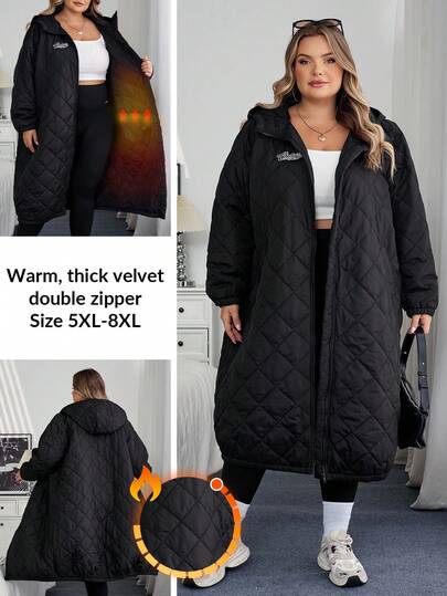 SHEIN CURVE+ Curve Plus Size/Autumn Clothes /Fall Women Clothes/Winter Clothes For Women/Winter ClothesWomen's Plus Size Black Casual Hooded Thick Padded Coat, Suitable For Winter Plus Size Quilted Coat Plus Size Puffer Jacket Curve Winter Coat 8xl Plus Size Coat Plus Size Longline Puffer Coat
