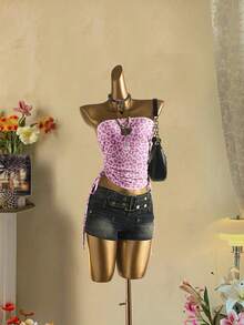 Attitoon Women's Casual Retro Y2K Harajuku Pink Leopard Print Pattern Drawstring Tie Front Cropped Camisole Top - Multicolor - View 3