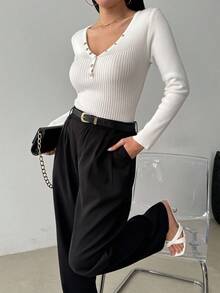 Celisse Women's Fashion All-Match Versatile V-Neck Ribbed Long Sleeve Sweater - White - View 3