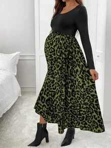 SHEIN Leopard Print Casual Minimalist Maternity Dress For Daily Wear Long Skirt With Slit Cheetah Print Outfit Women Animal Print Outfit Midi Skirt - Green - View 4