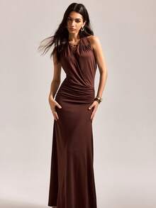 Easelle Vintage Brown Knitted Dress With Neck Tie For Women  Fall Clothes For Women Long And Slim Fit  Elegant Dresses For Party - Coffee Brown - View 3