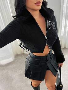 SHEIN SXY Women's Regular Solid Color Short Zip-Up Long Sleeve Cardigan, Versatile & Fashionable Autumn Winter Clothes For Women - Black - View 5