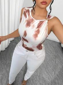 Elenzga بدلة نسائية مقاسات كبيرة جديدة أنيقة بدون أكمام مطابقة وجذابة مطبوعة بطباعة ربط الصبغة مع إبزيم معدني