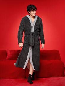Men's Cozy Contrast Color 3D Ear Design Long Sleeve Hooded Belted Robe, Fluffy, Winter, Christmas - Multicolor - View 5