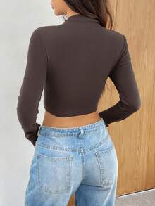 SHEIN EZwear 女士休闲立领长袖短款修身T恤，咖啡棕色，秋冬 - 咖啡棕 - 查看 2