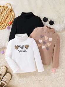 SHEIN Bộ 3 áo thun cổ tròn tay dài dệt kim co giãn màu trơn dành cho bé gái, nhiều kiểu, họa tiết trái tim, thích hợp mặc thường ngày & đi học vào mùa thu đông, không thể thiếu, đa năng, phù hợp cho cả mẹ và con gái - Nhiều màu - Xem 5