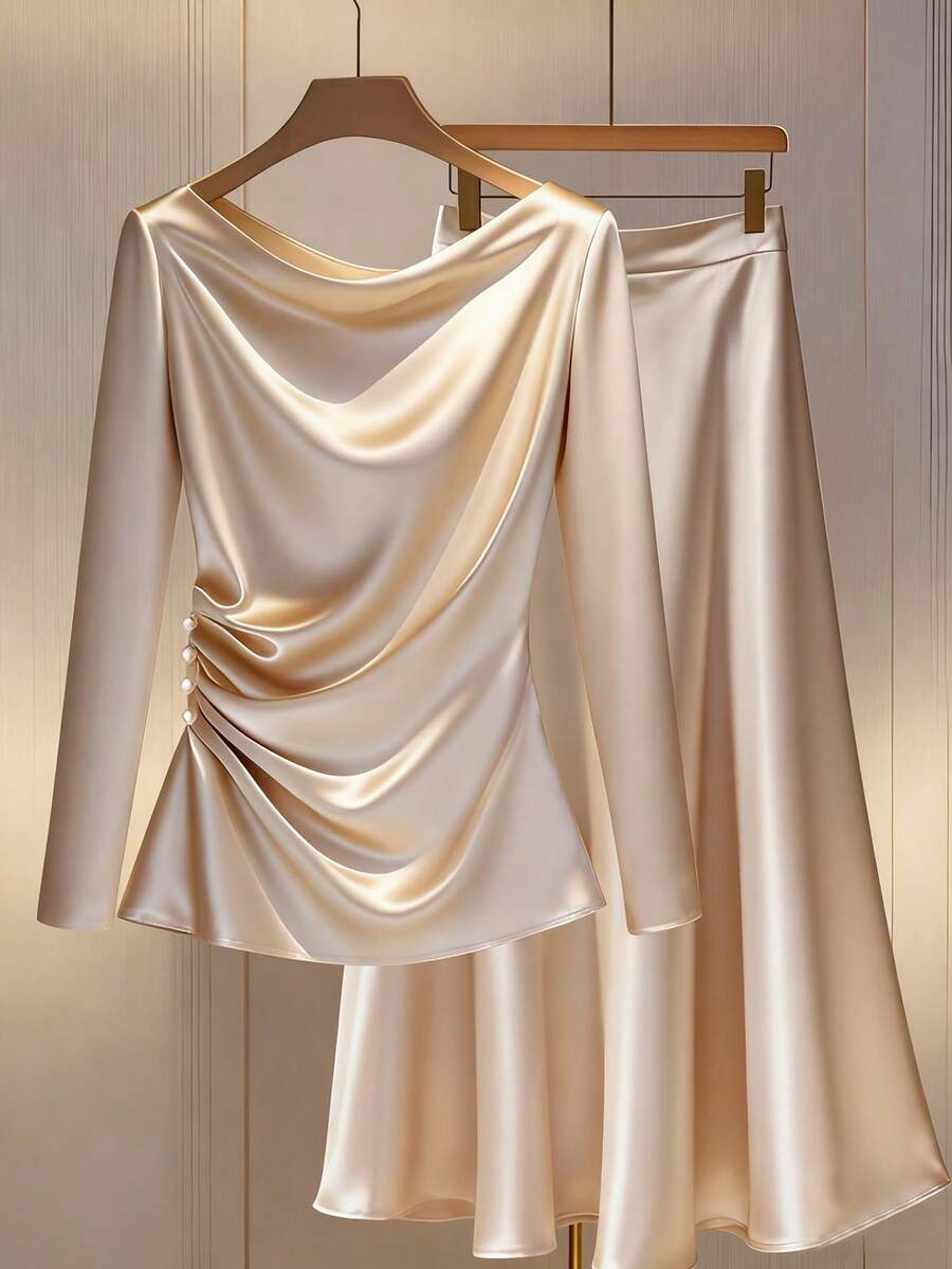 Franclia 女士垂褶领缎面上衣和半裙套装 - 杏色 - 查看 1