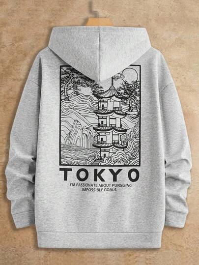 Manfinity NXTstreet Loose Fit Men's Mountain & Slogan Graphic Drop Shoulder Thermal Hoodie, For Fall Winter