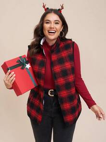 Comfylo Plus Size Women's Christmas Red & Black Plaid Padded Zip Up Vest Christmas Festival Christmas Vest Women Red Plaid Vest Buffalo Plaid Vest Quilted Vest Women Plaid Vest Women Flannel Vest For Women Christmas Outfit Women Women  Red  Plaid Vest/ Winter Warm Plaid Coat  New Year  Thanksgiving