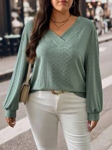 EMERY ROSE Plus Size Women Loose Fit V-Neck Ribbed Casual Sweatshirt, Autumn/Winter