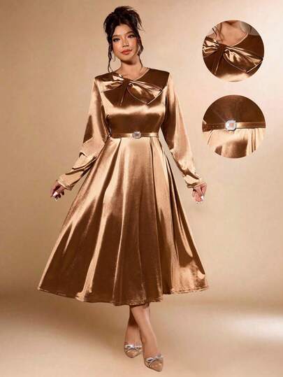 Cravure 大码时尚连衣裙，60美元，9月上市。女士秋冬大码梭织面料蝴蝶结装饰圆领落肩长袖收腰A字裙，日常优雅派对圣诞长裙