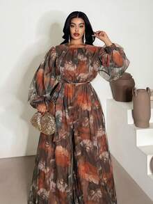 Maweii Macacão feminino plus size com estampa floral, gola redonda, manga lanterna, perna larga