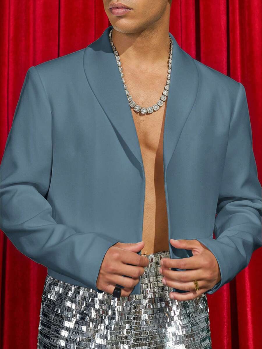 Manfinity NXTstreet Men's Casual Loose Fit Long Sleeve Cropped Suit Blazer, Fashionable Daily Wear, Wedding Mens Cropped Blazer Sequin Top Men Rhinestone Top Men Sparkly Top Men Prom Blazer - Baby Blue - View 1