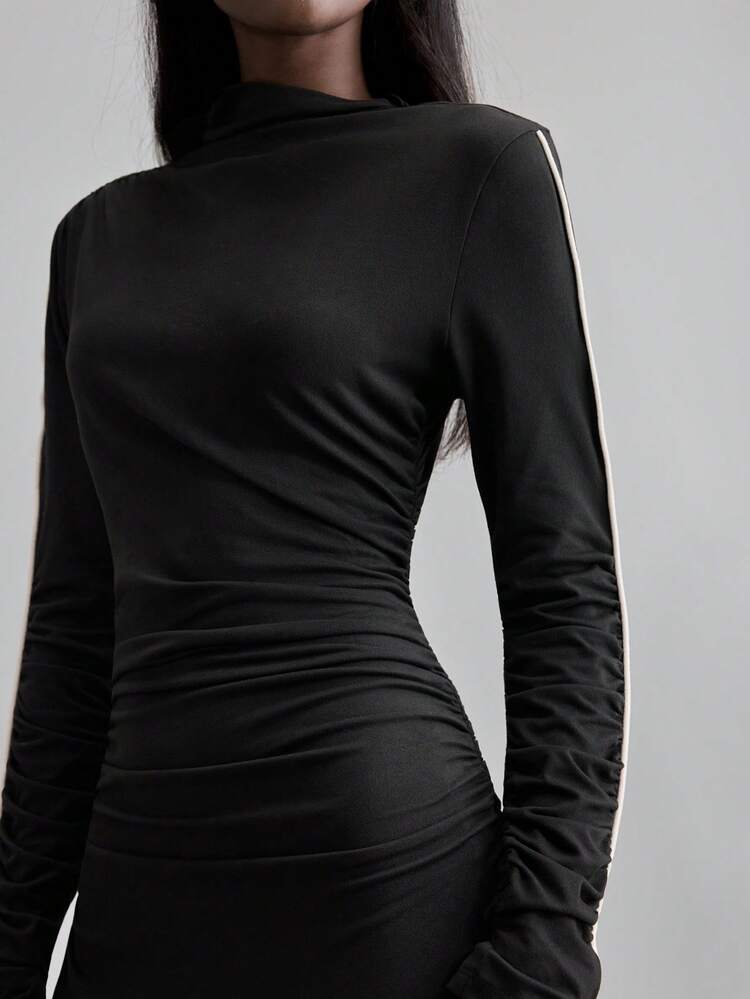 Autumn Chic Black And White Color Block Elegant Knit Dress,Night Out High Neck Long Sleeve Urban Graceful Workwear For Women Wedding Party Concert