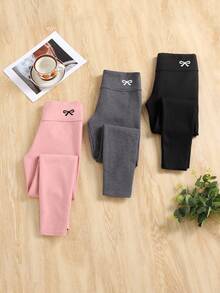 SHEIN 3件套少女纯色舒适紧身高腰蝴蝶结印花保暖打底裤，适合秋冬季节，少女冬季打底裤，保暖三件套打底裤，少女慢跑裤，少女打底裤 - 彩色 - 查看 3