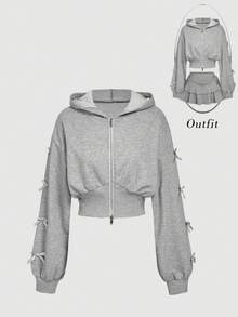 SHEIN MOD 女式蝴蝶结装饰连帽拉链长袖运动衫秋冬女装 - 淺灰色 - 查看 1