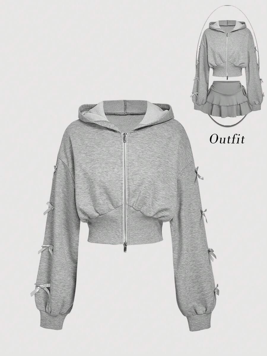 SHEIN MOD 女式蝴蝶结装饰连帽拉链长袖运动衫秋冬女装 - 淺灰色 - 查看 1