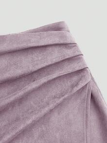 Sweetra Brown Pleated Asymmetric Decorative Zipper Back Faux Suede Fuzzy Short Skirt, Minimalist Commuter Style, Plus Size, Autumn/Winter - Mauve Purple - View 6