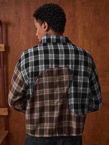 SWAVVY Men's Casual Plaid Contrast Color Button-Up Long Sleeve Shirt, Autumn - Khaki - View 3