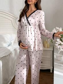 Moonlight&Mama Polka Dot Print Contrast Lace Trim Long Sleeve Top & Pants Maternity Pajama Set, Winter - Multicolor - View 4
