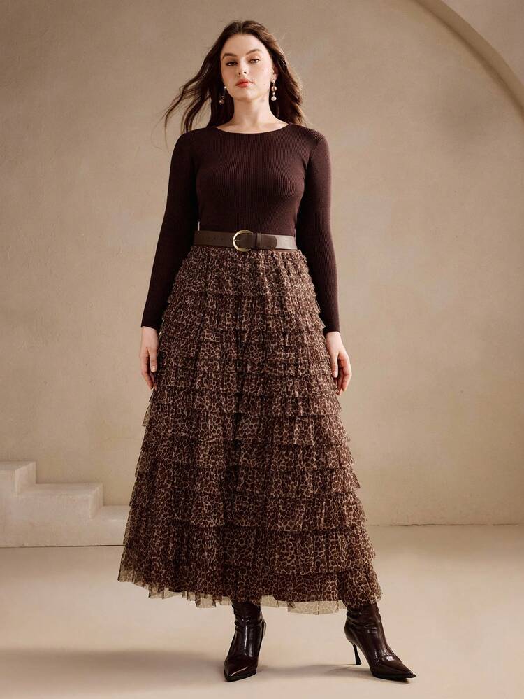 Falda de malla con estampado de leopardo en capas con cinturón, de corte evasé, de estilo elegante, para otoño/invierno, talla grande