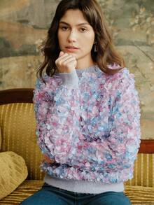 Anewsta Women's New Ditsy Floral Sweater, Multicolor, Sweet & Loose Fit Crew Neck Pullover Sweater, Autumn/Winter