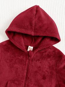 Cozy Pixies 2 件女婴秋冬毛绒内衬连帽夹克，带 3D 蝴蝶结拉链和抽绳裤运动休闲套装 - 酒紅色 - 查看 5