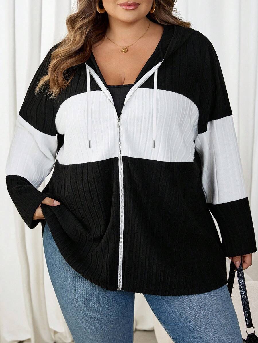 SHEIN CURVE+ Áo khoác trùm đầu màu tối giản thường ngày cỡ lớn cho nữ, Áo khoác ngoài mùa thu cho nữ - Đen và trắng - Xem 1