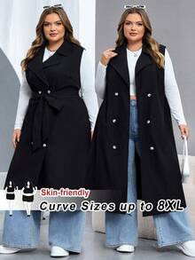 SHEIN CURVE+ Plus Size Women Black Casual Trench Coat/Winter - Black - View 9