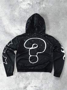 Manfinity EMRG Men's Street Style Casual Printed Drawstring Hoodie Sweatshirt, For Fall - Black - View 2