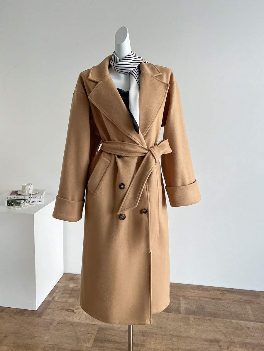 Lyxana 优雅系带大衣，带侧袋，长袖翻领女式外套 - 卡其色 - 查看 1