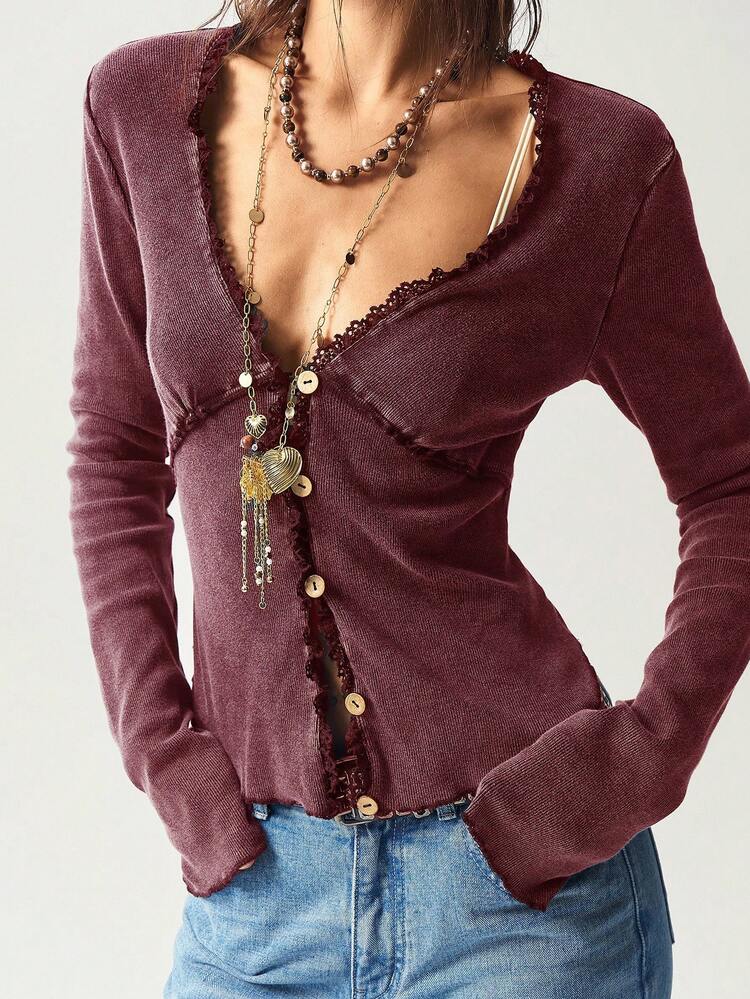 Bohemela Women's Boho Casual Solid Color V-Neck Long Sleeve Fitted Washed Knit Top, Autumn/Winter - Burgundy - View 2