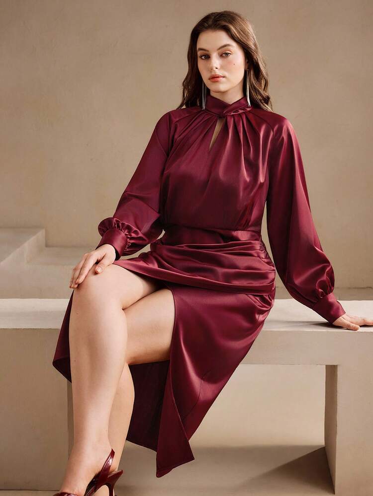 Plus Size Women's Burgundy Long Sleeve Satin Bodycon Dress, Elegant Professional Attire For Fall, Winter, Spring, New Year, Party, Wedding, Chic, Stylish, Business Casual