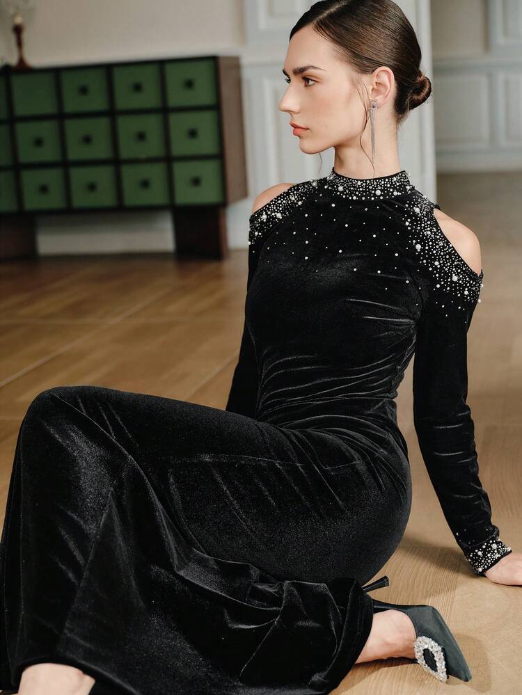 Women's Elegant High-End Long Sleeve Street Style Winter Rhinestone Embellished Velvet Dress, Suitable For Fall, Winter, New Year, Party, Wedding