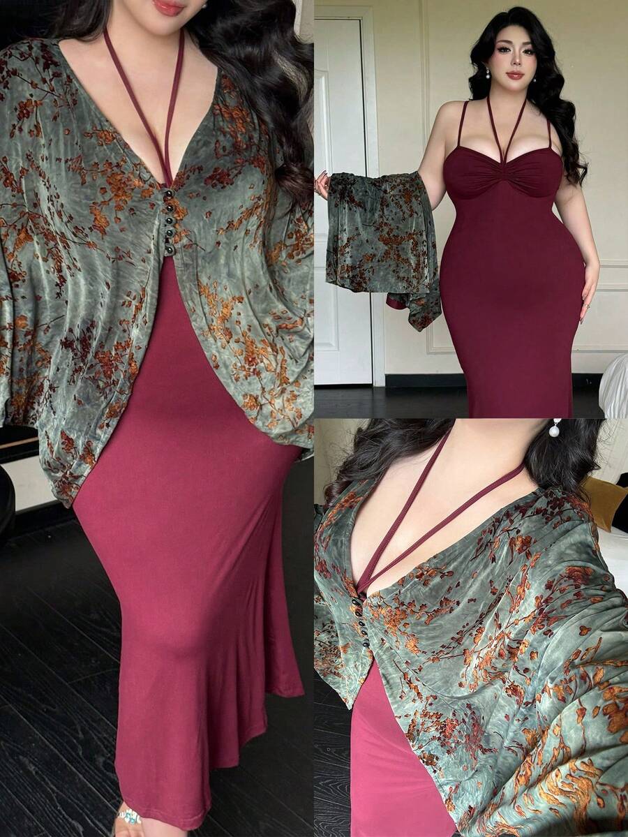 Vibekara Vintage Print Shawl Jacket & Solid Minimalist Slip Dress Elegant 2 Pieces Set Dress Cardigan Evening Wear Dinner Dress Dress With Cape - Green - View 1