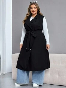SHEIN CURVE+ Plus Size Women Black Casual Trench Coat/Winter - Black - View 8