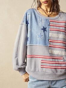 Bohemela Sudadera holgada de manga larga con cuello redondo, de punto y en bloque de color, para mujer - Gris - Ver 2