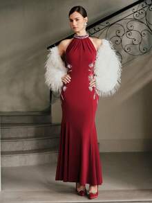 Anewsta Women's Elegant Embroidered Dress, Suitable For Fall, Winter, Summer, New Year, Party, Wedding, Elegant, Chic, Stylish, Cozy, Christmas - Burgundy - View 6